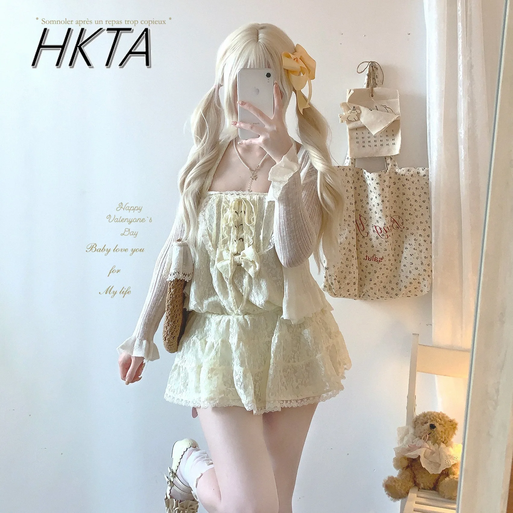 Japońska Sukienka Lolita w Stylu New Vintage Kawaii z Paskiem na Szyję, Podkreślająca Talia, Koronkowa Sukienka dla Gorącej Dziewczyny, Słodka i Urocza Letnia Koronkowa Krótka Sukienka Lolita Damska