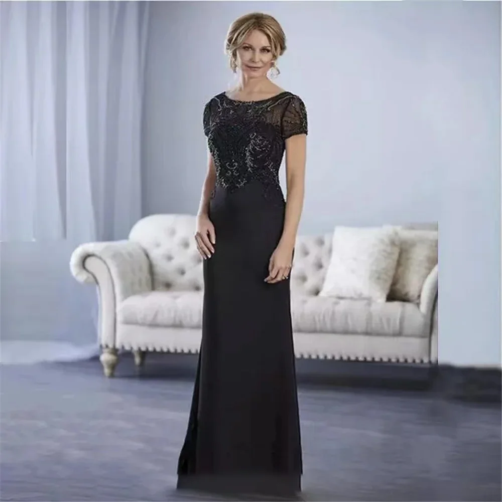 

Сексуальные черные платья для матери невесты 2024, лиф с бисером, иллюзия, вырез лодочкой, короткий рукав, гламурная свадебная часть