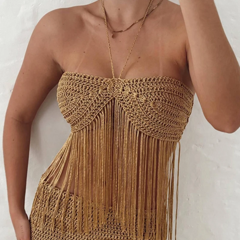 

Новый модный женский пляжный комплект с открытой спиной: летний топ без рукавов с бахромой и мини-юбка, сексуальный комплект из двух предметов для отпуска