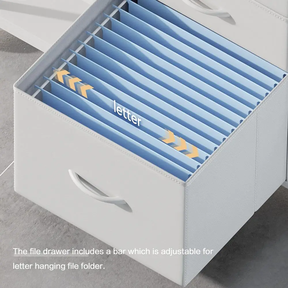 خزانة ملفات جانبية من القماش ذات 3 أدراج باللون الأبيض مع حامل طابعة دوارة و4 أرفف تخزين للمكتب المنزلي
