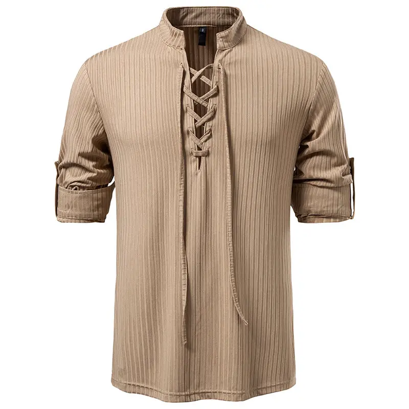 New Autumn Men's Slanted Placket T Shirt Fashion Striped Design Fabric Long Sleeve Tee Shirts Spring Casual Vintage Solid Tops