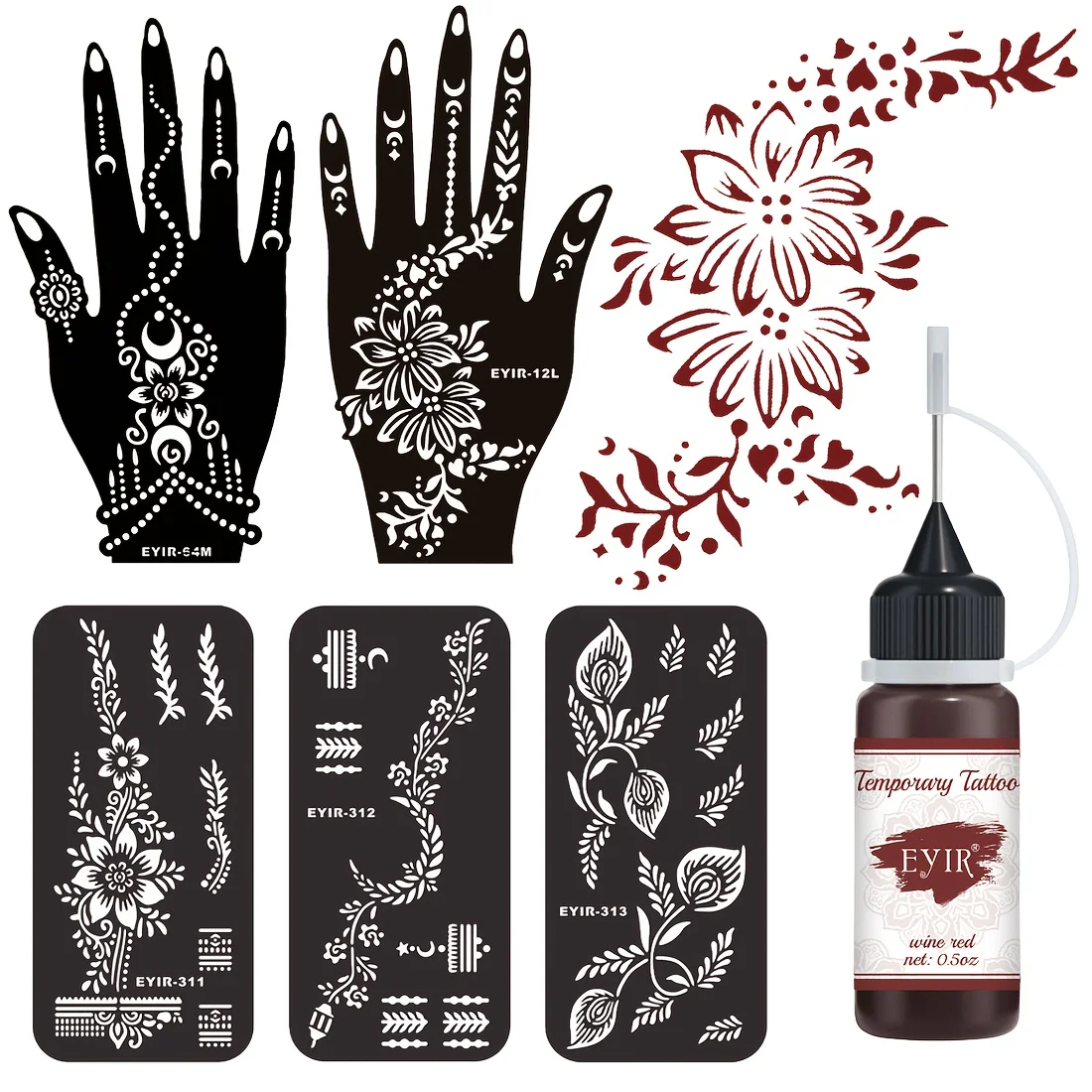 Henna Tattoo Kit 5 Sets Mandala Stencils with Wine Red Tattoo Paste Temporary Body Art DIY Reusable Templates Mehndi