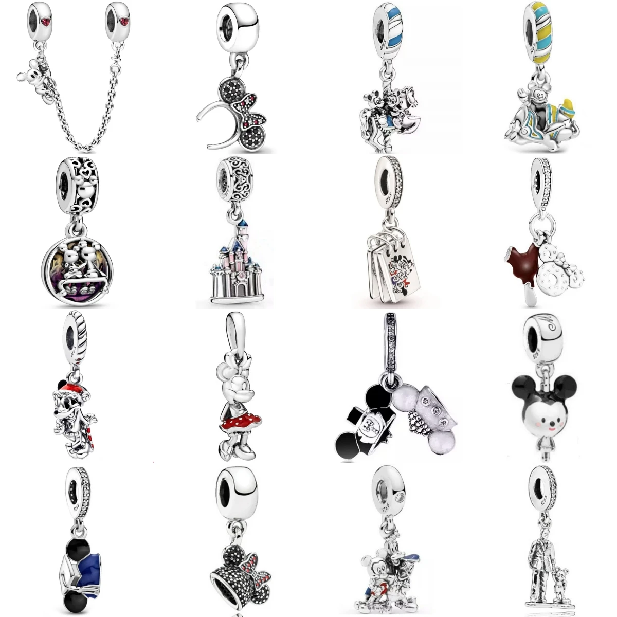 Disney 925 Sterling Silver Mickey hanging safety chain Minnie headband Fit Original Pandora Bead Bracelet DIY Jewelry Dangle