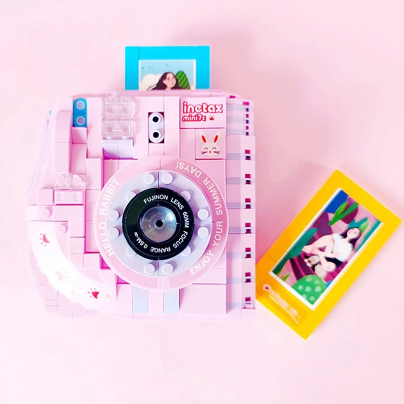 Lezi-cámara Polaroid instantánea Digital para niños, modelo de máquina fotográfica de conejo rosa, Mini bloques, juguete de construcción, sin caja, 00908