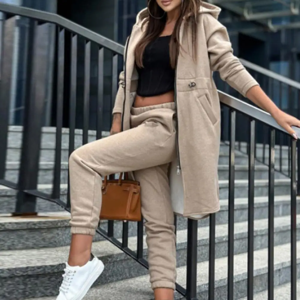 Women Coat Pant Set Hooded Irregular Split Hem Long Sleeve Loose Hoodie Jacket Elastic Waist Ankle-banded Trousers Set Tracksuit