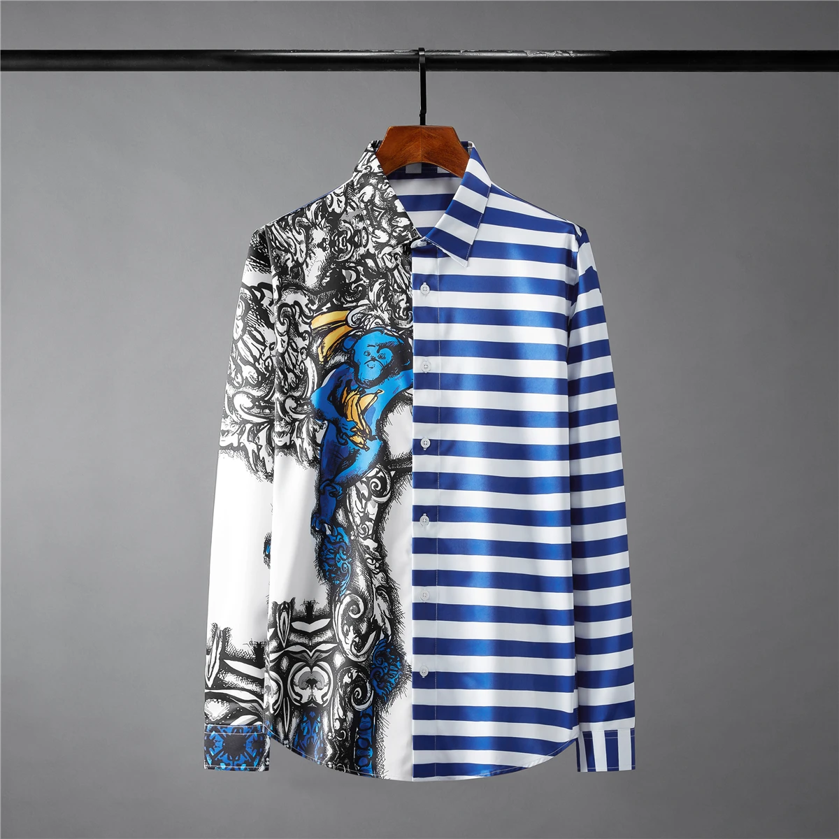 

2022 Blue Long Sleeve Male Shirts Luxury Printed Casual Mens Dress Shirts Fashion Slim Fit Party Stripe Man Shirts 3XL