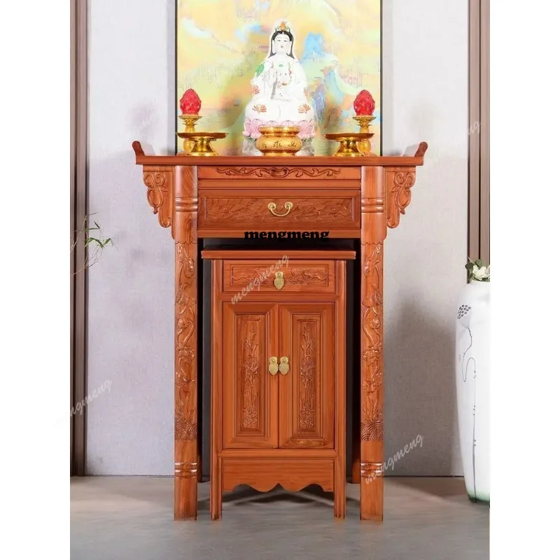 Altar Table with Elevated Indoor Altar Cabinet for Home Use, Complete Set with Two-Tier Offering Table