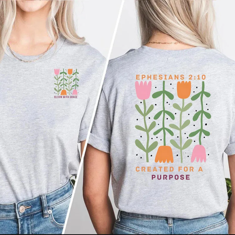 Boho flower Christian t Shirt Women Bible Verse Tshirt Created for a Purpose Jesus Apparel Floral T-Shirt Graphic Tee Christian