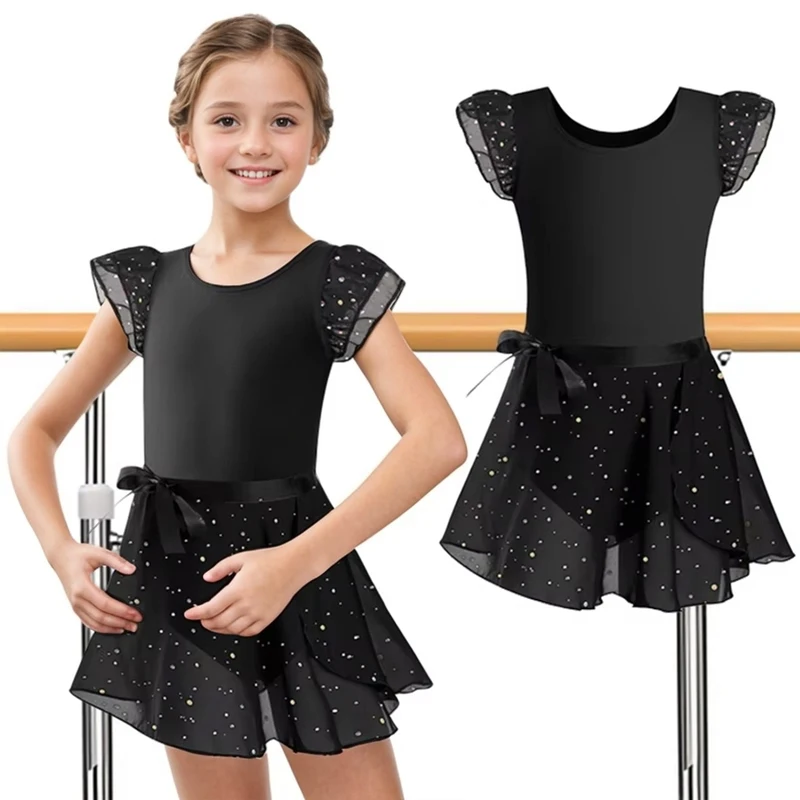 Girls Ruffle Sleeve Ballet Dress Dance Leotards for Girl Gymnastics Dance Skirts with Sparkly Sequins and Self Tie Waist Dress