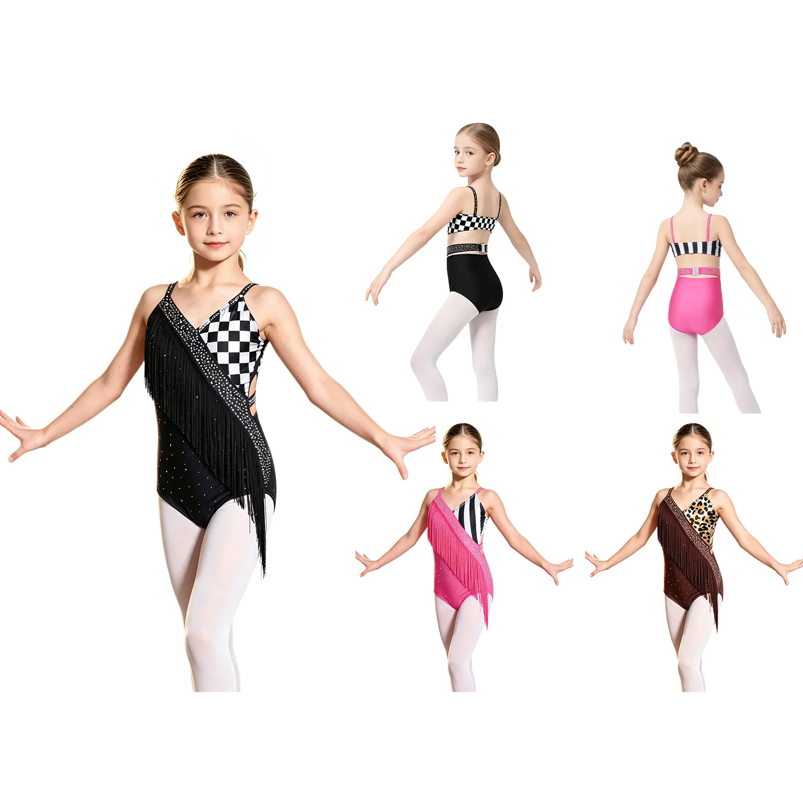 Kids Girls Sleeveless Latin Tango Dance Dress Rhinestones Tassels Fringed Skirted Leotard Ballet Dance Gymnastic Skating Costume
