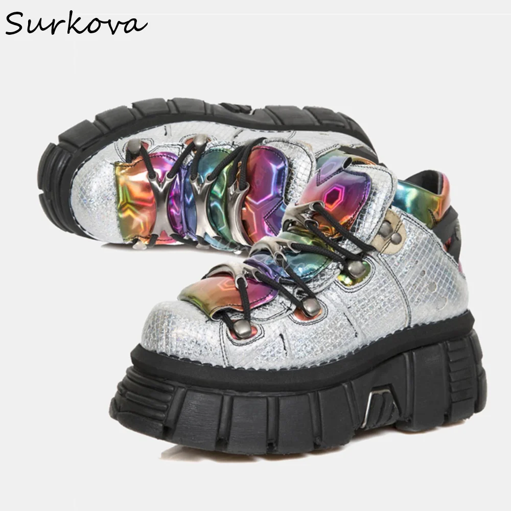 

Multicolor Platform Punk Shoes Women Round Toe Metal Rivet Cross Tied Street Style Rock Short Boots 2024 New Fashion Ankle Boots