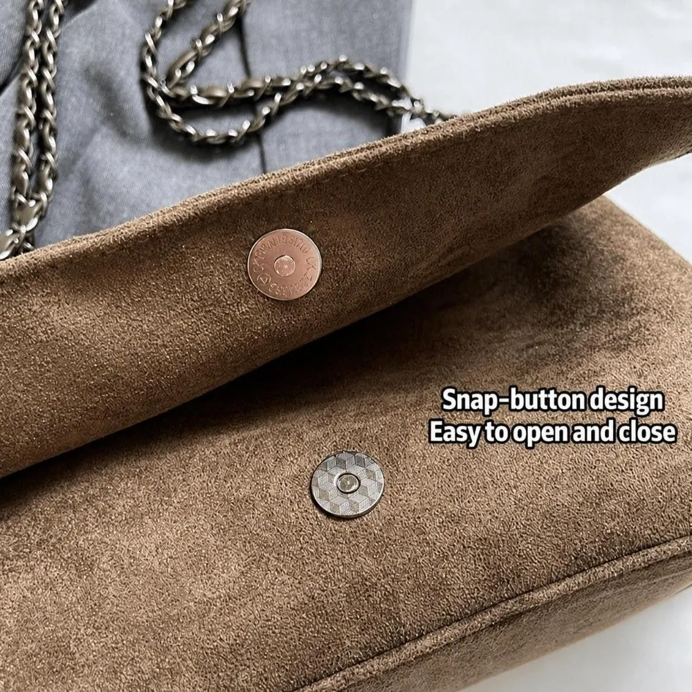 Elegante Retro Damen Schultertasche aus Wildleder, Große Kapazität, Handtasche, Umhängetasche, Einfarbig, Ketten-Unterarmtasche, Herbst Winter – Detail 14