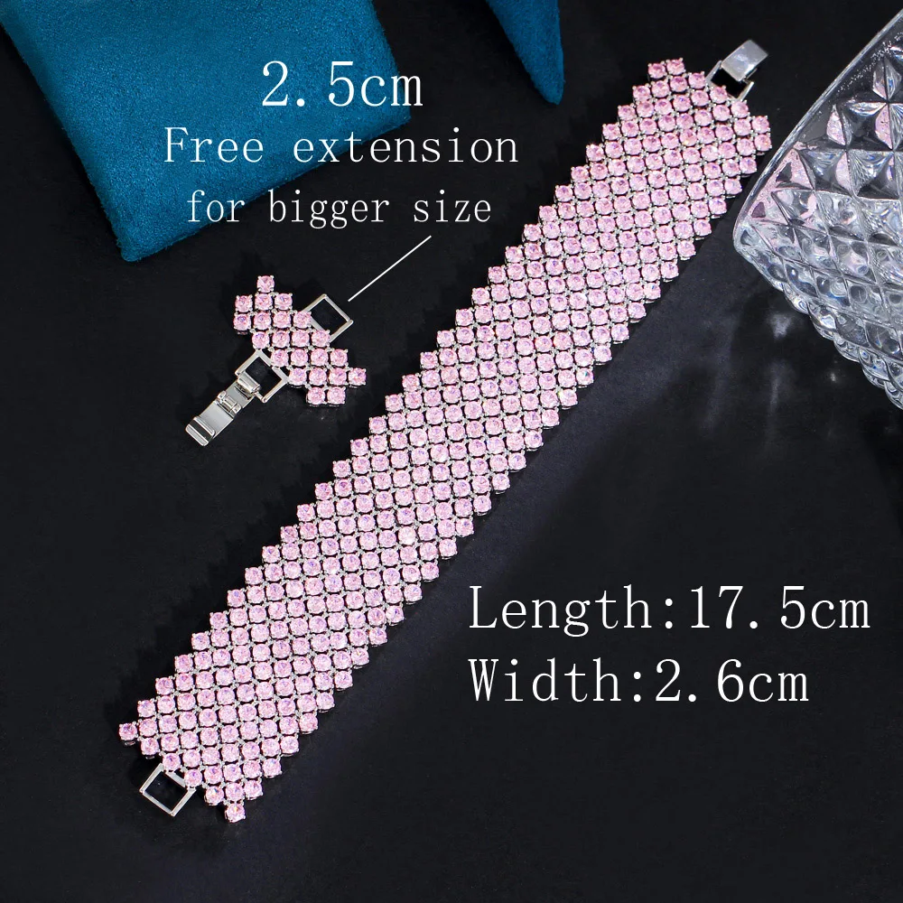 ThreeGraces Shining Pink Cubic Zirconia Silver Color Large Wide Link Chain Bracelet for Women Luxury Bridal Party Jewelry BR318