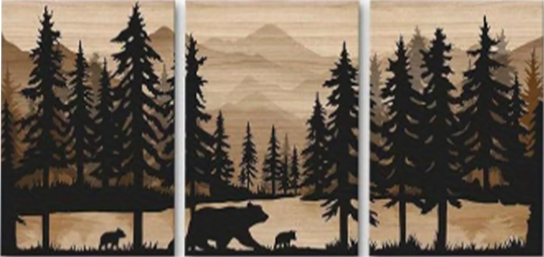 3pcs frameless Canvas Painting 3pcs Bears, forest, mountain, lake, silhouettes - Modern abstract wall decor, suitable for living