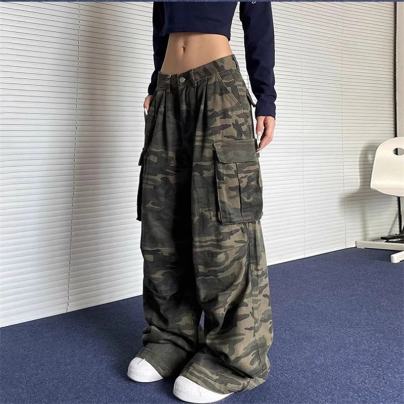 Women's Folded Multiple Pockets Cargo Camouflage Pants Cool Girl Street Female High Waist Baggy Unisex Wide-leg Thin Trousers