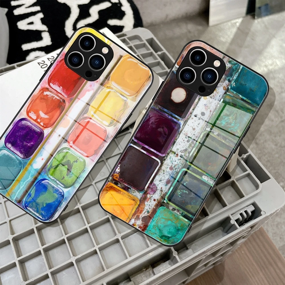 

Oil Painting Paint palette Phone Case Glass phone case For iPhone 16 Promax 15 Pro 14 Plus 13 Pro 12 mini Samsung Black Covers