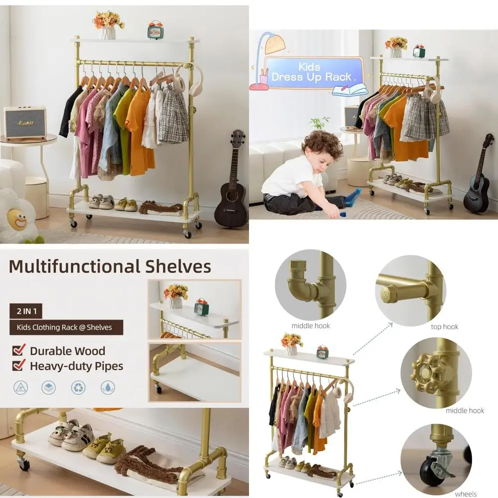 رف ملابس الأطفال، خزانة تخزين للفتيات الصغيرات، رف ملابس للأطفال الصغار مع رف خشبي، أنبوب دوار لزي الأطفال Ra #1
