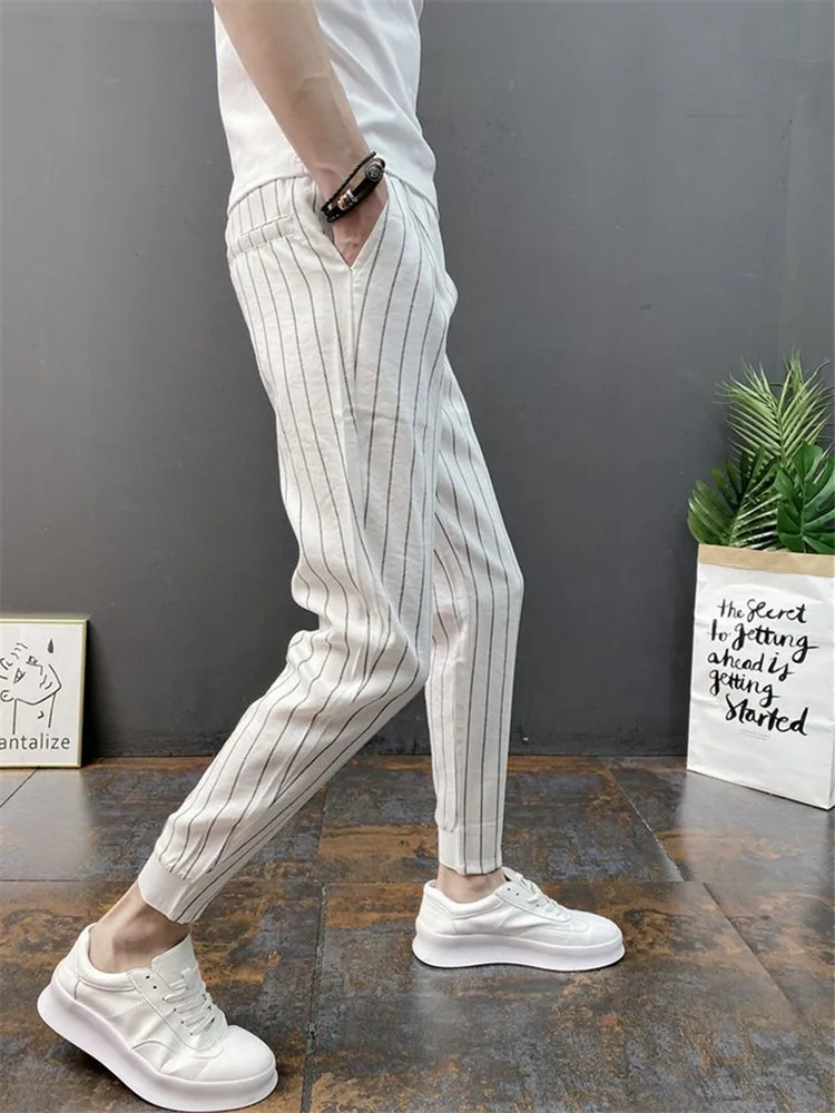 Spring Summer Thin Stripe Harlan Pants Men Trend Youth Nine-Point Pants Wild Casual Korea Fashion Elastic Slim Trousers Male New