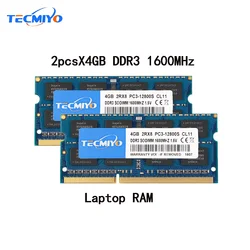 High Quality Tecmiyo Laptop Memory Ram 8GB ( 2X 4GB ) DDR3 1600MHz PC3-12800S 2RX8 SODIMM 1.5V Non-ECC Notebook Memoria - Blue