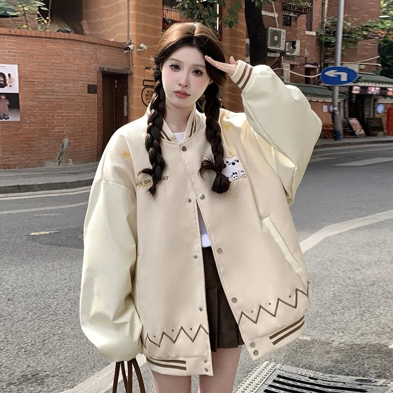 

2025 Spring Autumn Women's Loose Korean Style Casual Baseball Jacket with Embroidered Letters Retro Patchwork Fashion Outerwear