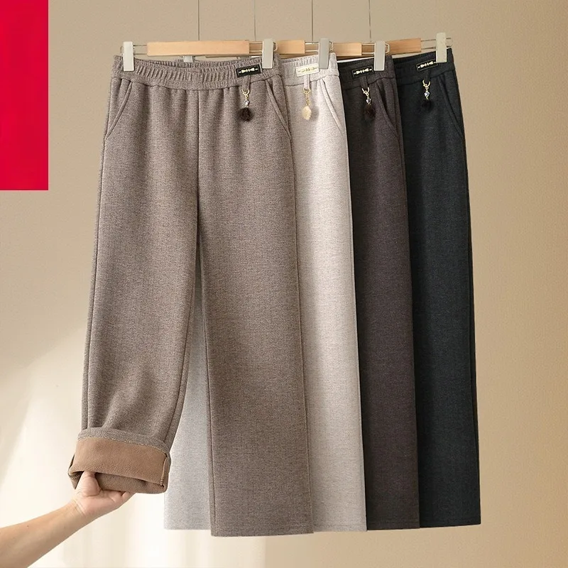 2026 Woolen Pants Middle-age Women's Fleece Thick Warm Casual Trousers Autumn Winter Large-size Loose High-waist Straight Pants