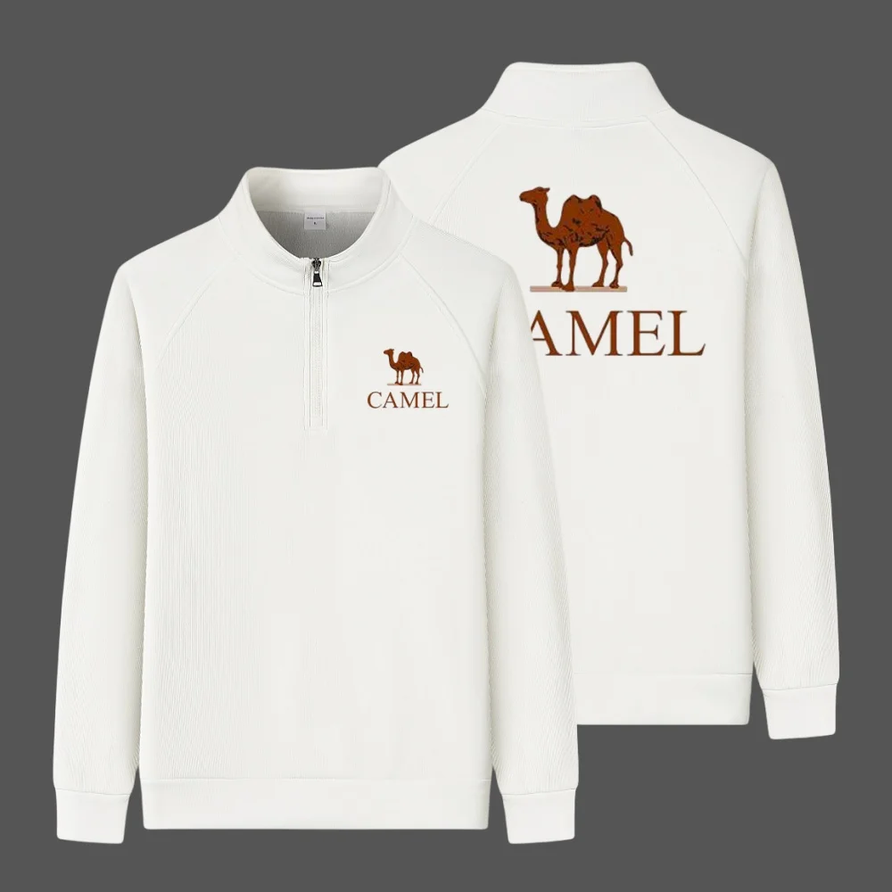 CAMEL brand printed stand up collar fleece sportswear for autumn and winter men, long sleeved zipper warm casual fashion top