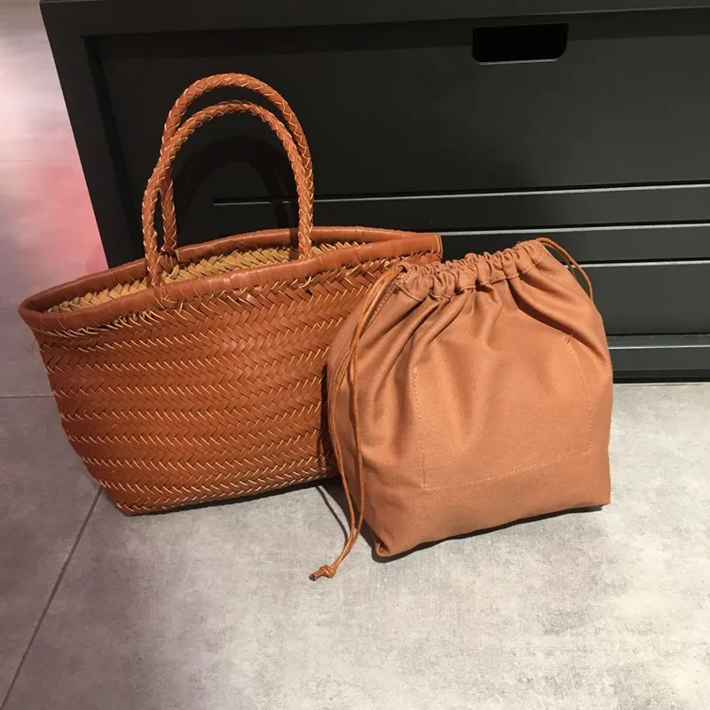 Women's Genuine Leather Hand Woven Shoulder Bag with Inner Pocket Woven Large Capacity Bag Shopping Bag Retro Handbag Wallet