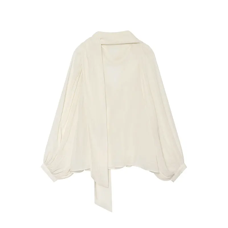 TFAFXY 2026 Autumn New Women Crinkled Lantern Sleeve Blouse Tie Bow Neck Ruffle Cropped Casual Shirt