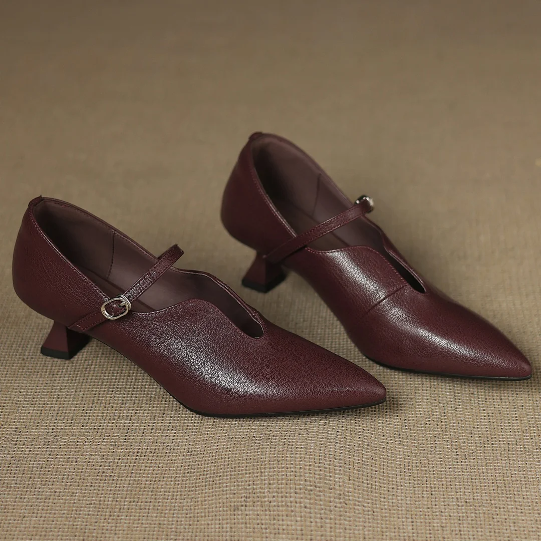 

Женские туфли-лодочки Мэри Джейн с острым носком и металлической пряжкой из овчины, элегантные женские туфли на тонком высоком каблуке 5 см в стиле OL, повседневные модельные туфли на каблуке