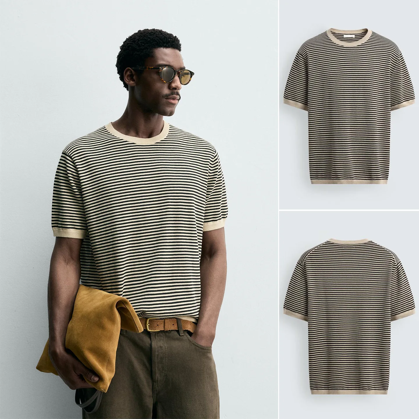 Spring Summer Men's Slim Fit Knitted T-Shirt Long Sleeve round Neck Ribbed Trim Straight Leg Stripe Knitwear 3920662