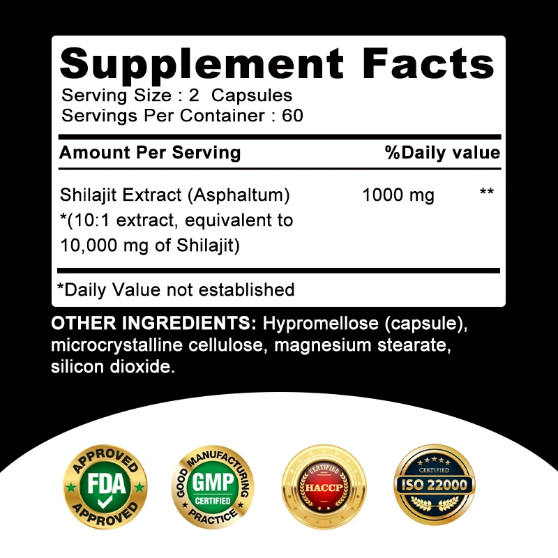 Pure Himalayan Shilajit Resin Capsules Formulated with 20% Fulvic Acid - 10:1 Extract 10,000mg Extra Strength