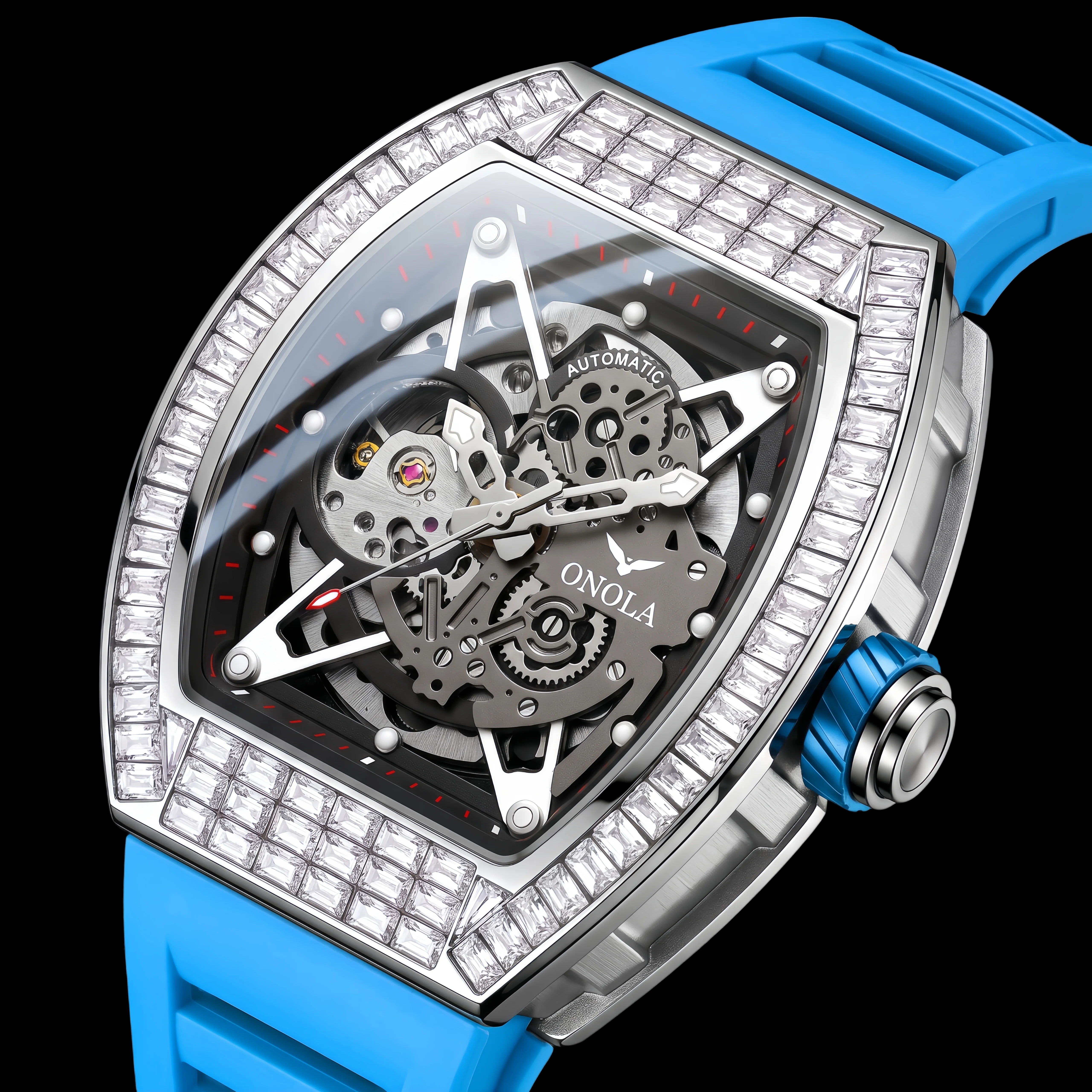 ONOLA Men's Mechanical Watch Silicone Strap Waterproof Luminous Crystal Bezel Full Frame Watch Suitable for Daily Friends Gift