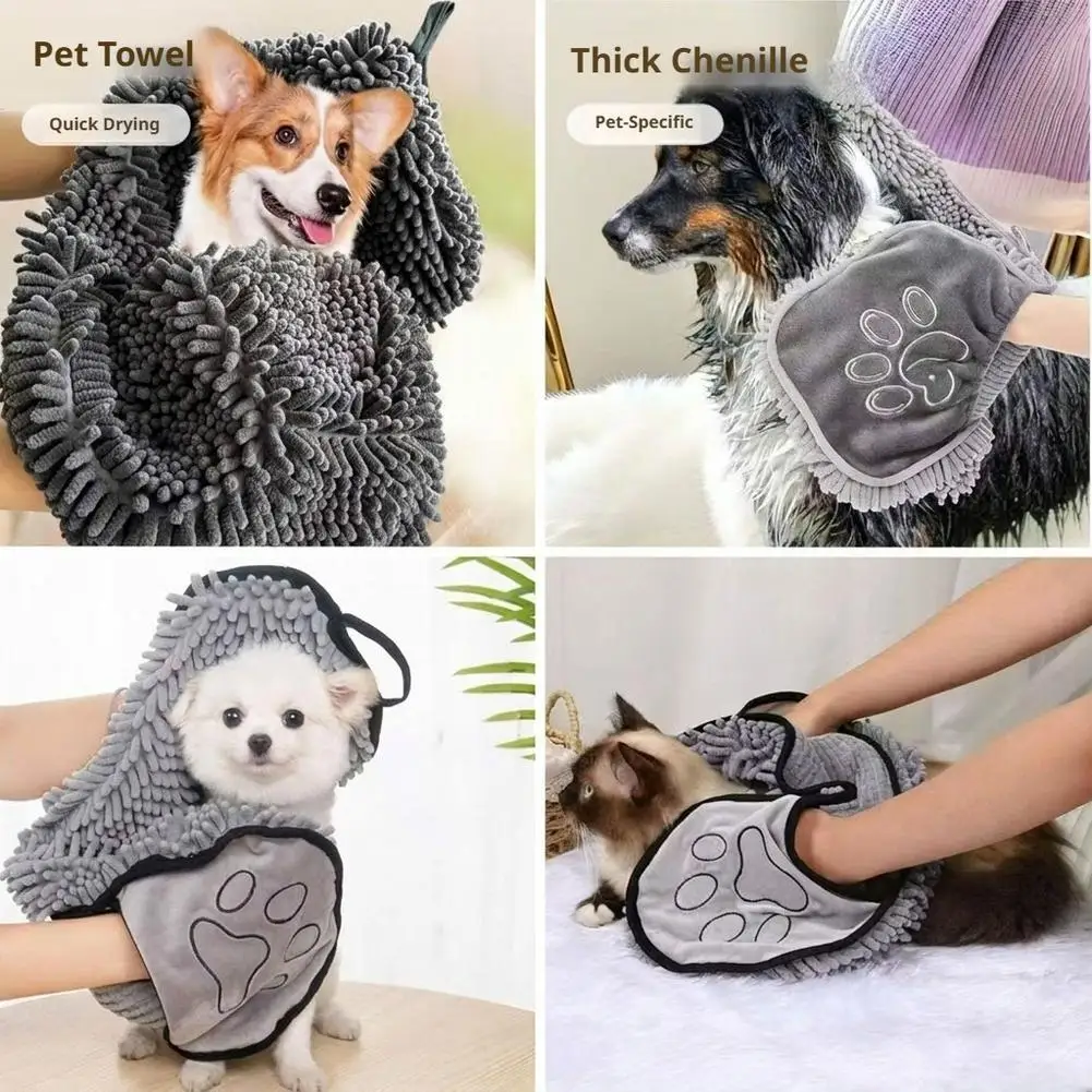 Quick Dry Pet Towel for Dogs Cats – Super Absorbent Chenille Bath Robe Towel, Soft Thickened Cleaning Washcloth Pet Accessories