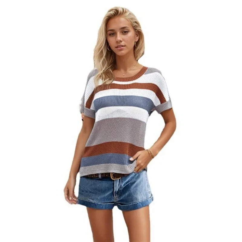 Hot selling women's clothing 2024 Rainbow Stripe Short sleeved Knitted Shirt Large Loose Women's Top for Women SFC13-3