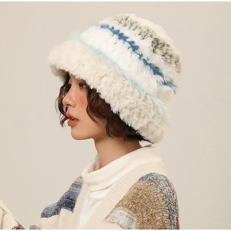 Rabbit Hair Knitted Fisherman Hat Plush Women Make Face Look Smaller Rabbit Fur Big Fashion
