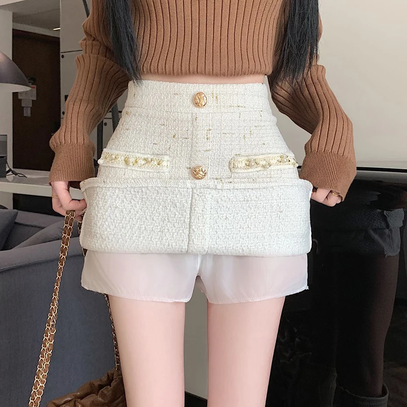 Woolen Tweed Skirts Women Elegant Mini Skirt Harajuku Slim Office Lady Pockets Golden Buttons Pencil Skirt Autumn Winter