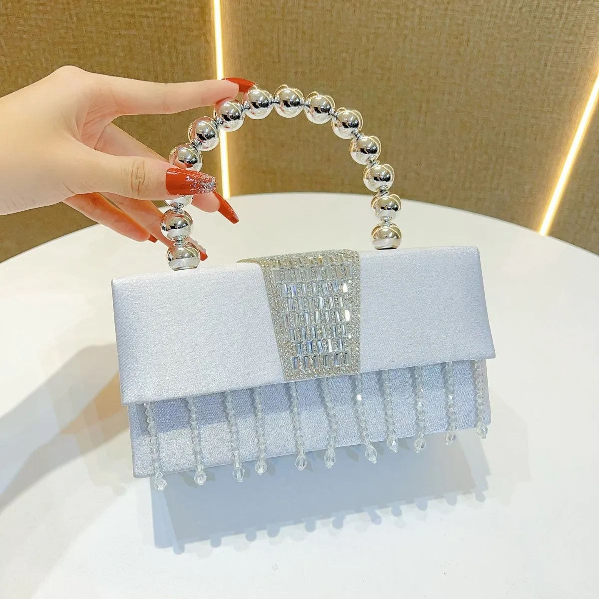 

New Diamond Studded Sequin Small Square Bag Women’s Pearl Box Crossbody Handbag Single Shoulder Elegant Dinner Party Purse Tote