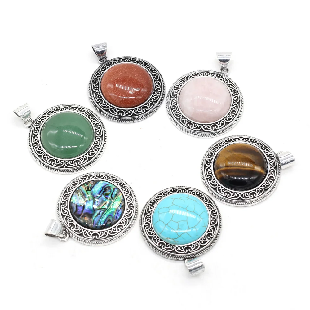 Natural Stone Rose Quartz Lapi Lazuli Abalone Round Pendant For Jewelry MakingDIY Necklace Earring Accessories Charm Gift38x42mm