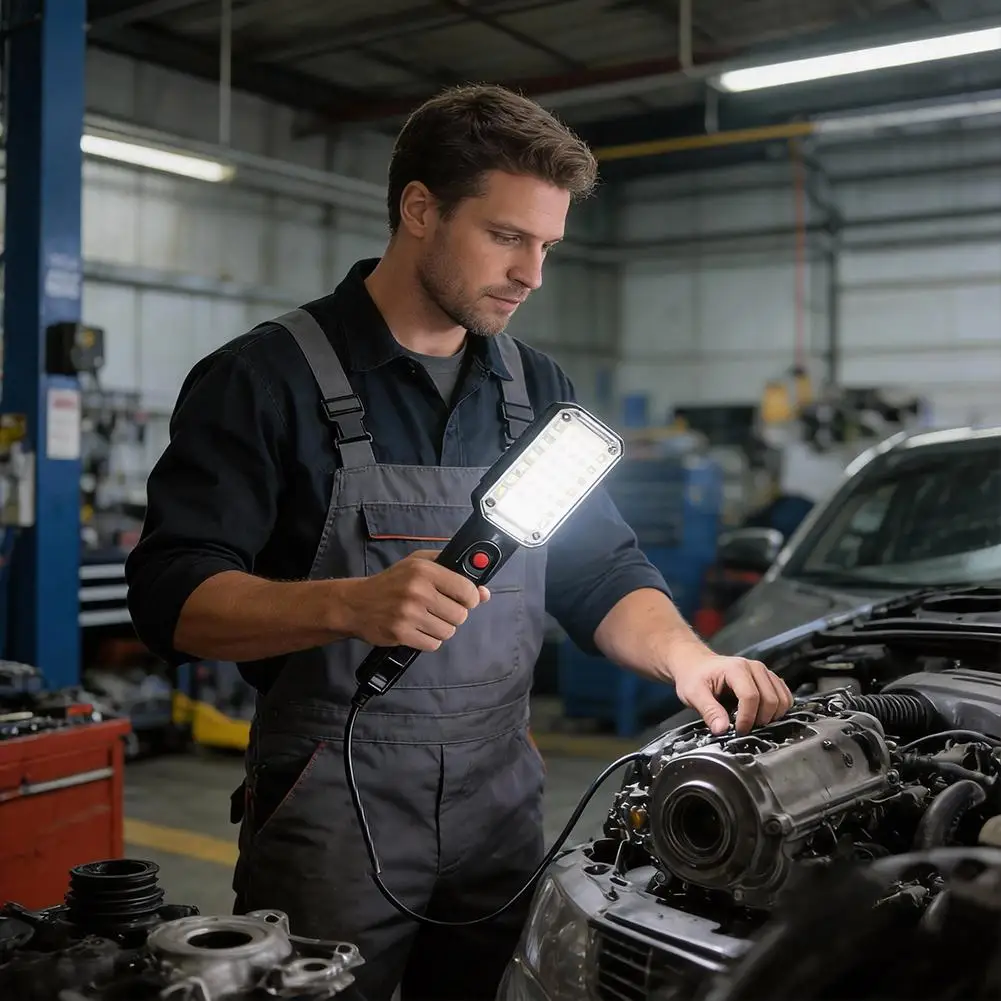 Luz de trabajo LED portátil con imán y cable de alimentación, luz de reparación automotriz para mantenimiento de automóv