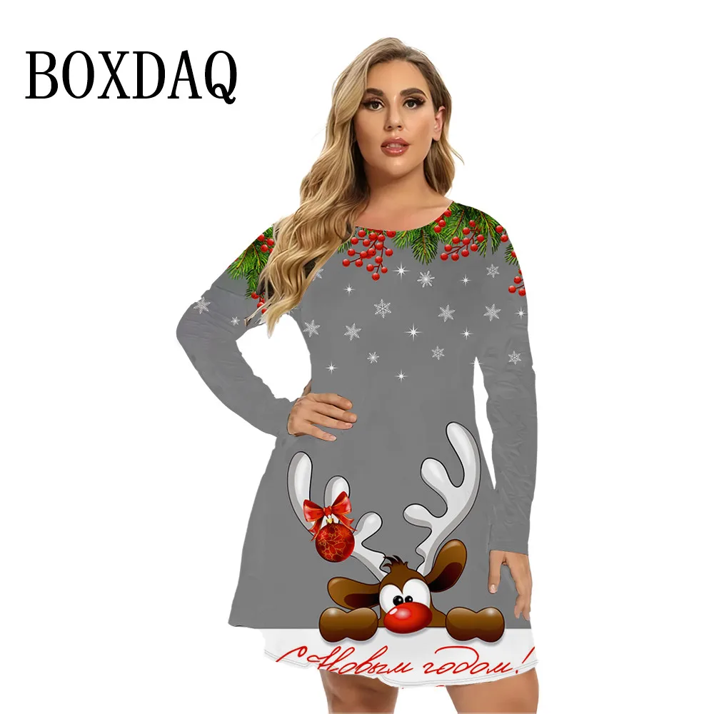 Christmas Party Winter Clothing For Women Santa Claus 3D Print Long Sleeve A-Line Dress Sweet Cute Casual Loose Plus Size Dress