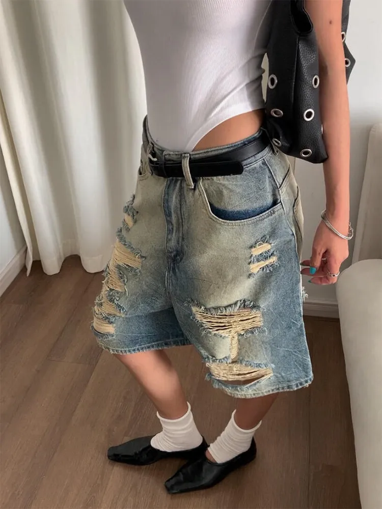 Summer Women's Multiple Holes Design Denim Shorts High Waist Pants Blue Knee Length Trousers Female Wide Leg Streetwear