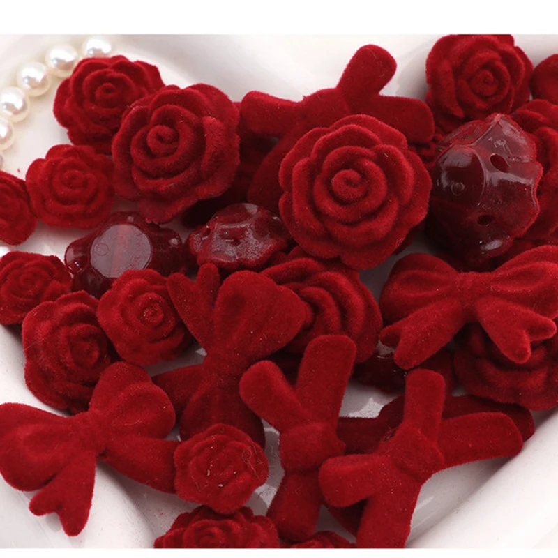 50pcs Flocked Rose Material Beads The Flowers Flocking DIY Jewelry Making for Valentine's Day and Christmas Gifts