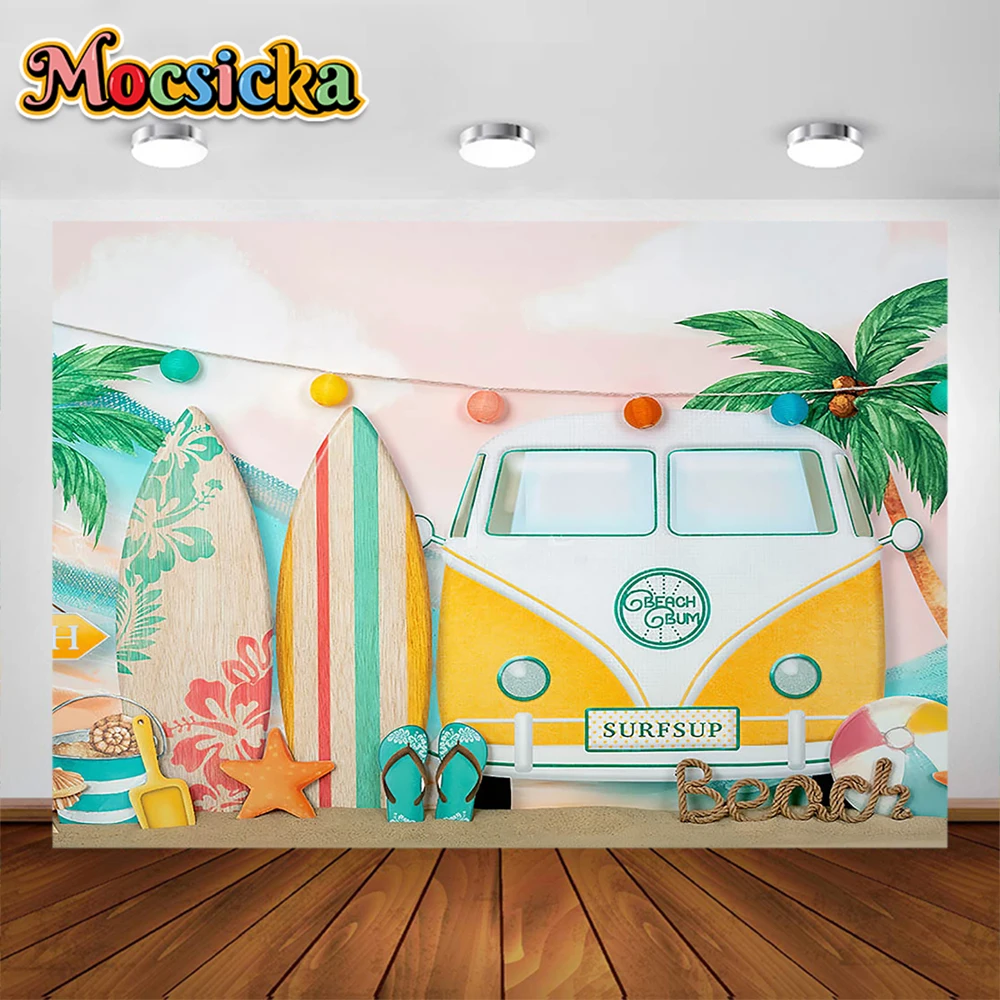 

Mocsicka Marina Beach Shooting Background Bus Car Palm Trees Surfboard Party Decoration Kids Portrait Photo Studio Banner