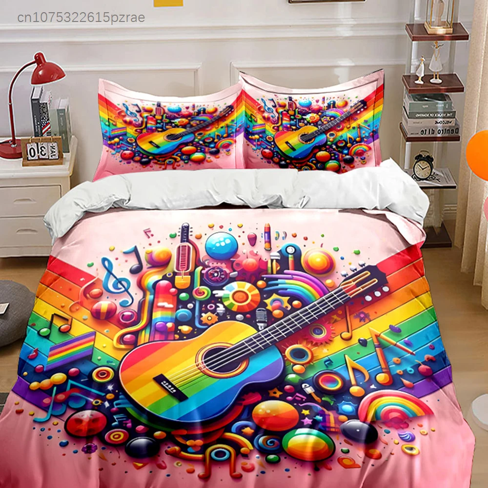 Colorful Music Guitar Set Decor Multiple Sizes kid's And adults' Bedroom Exquisite 3PC Bedding set, Gift 5