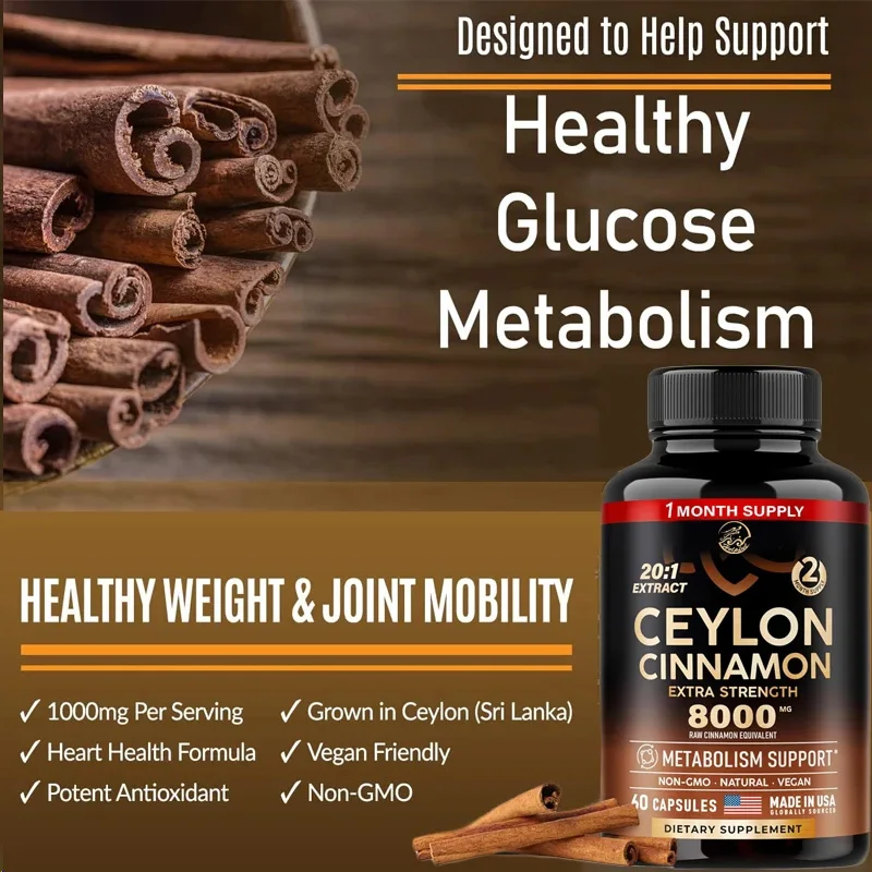 Ceylon Cinnamon 60 Vegetarian Capsules -8000 Milligrams, Extra Strength Energy, Heart and Metabolism Support 20:1 Supplement