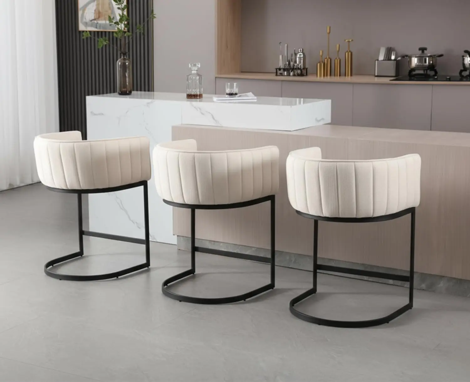 

24.5in Counter Stools Set 3 Linen Upholstered Barrel Metal Frame Tufted Kitchen Dining Beige, Customized