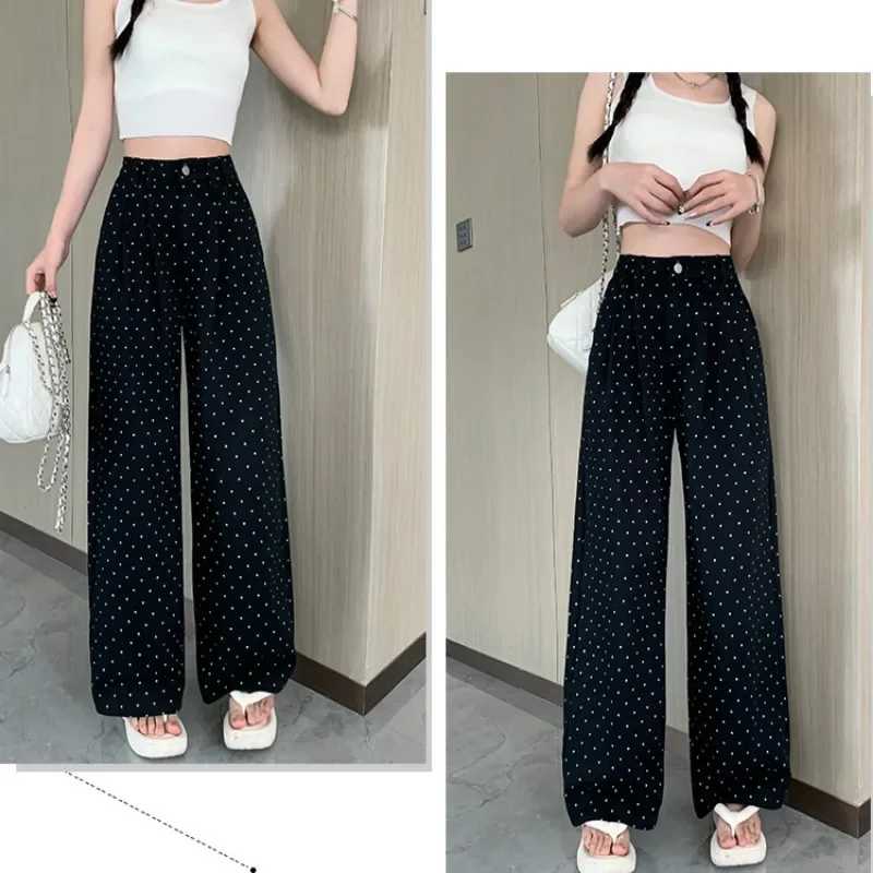 

Dot Print Jeans Women Autumn Plus Velvet Warm Aesthetic Design High Waist Stylish Oversized Baggy Straight Full Length Trousers