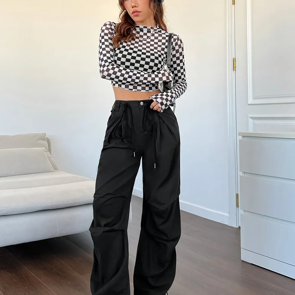 Womens Mesh Checkerboard Long Sleeve T Shirt Spring Slim Fit Half High Collar Pullover Casual Fashion Base Layering Top