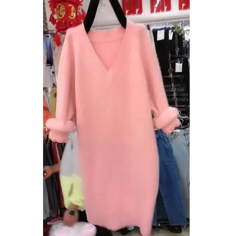 2025年 女性用 大きいサイズ 5XL ニットワンピース 秋 レディース ゆったり Vネック ニットドレス 韓国風 ハイエンド プルオーバー ニットワンピース