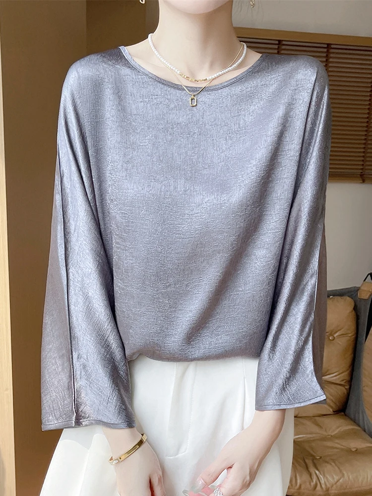 Summer Thin Smooth Satin Loose Fit round Neck Eight Sleeve Casual Top Versatile Comfortable Breathable Women's T-shirt